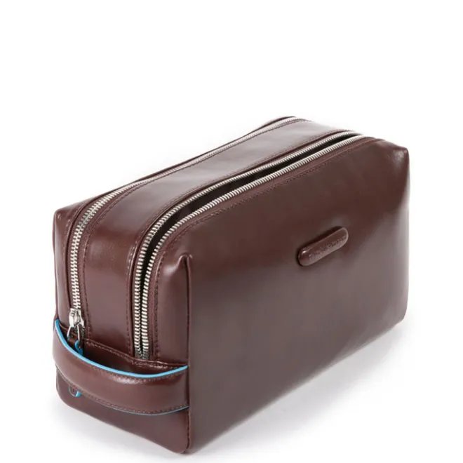 New Piquadro Black Square Beauty bag 2 zippers brown